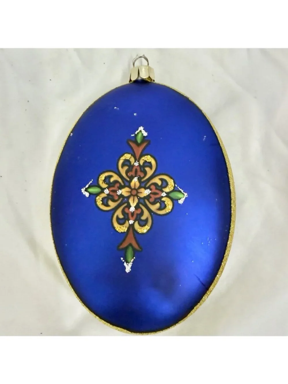 Vintage Holy Family Blown Glass Christmas Ornament Blue Gold Glitter 4”